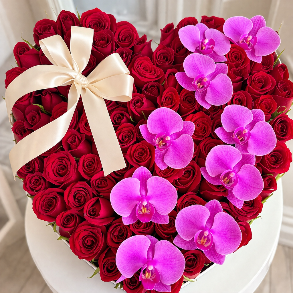 Corazón rosas y orquídeas medianos