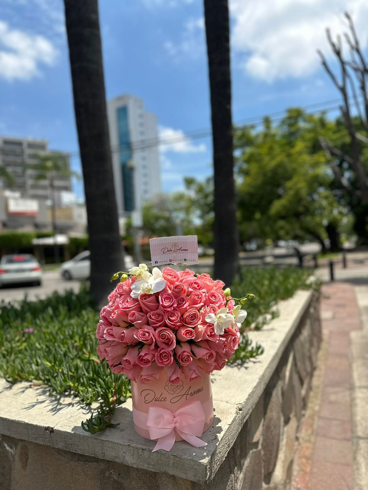Media esfera rosas y orquídeas
