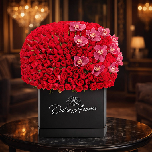 Caja cuadrada rosas y Cymbidium