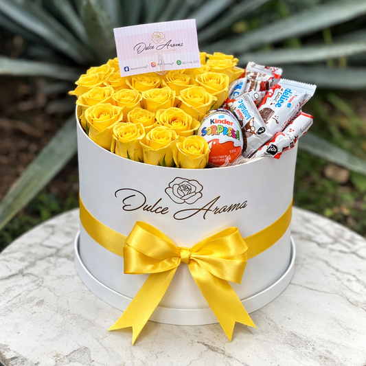 Caja circular rosas y dulces "FLORES AMARILLAS"