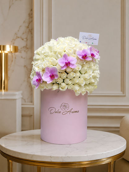 Cilindro media esfera rosas y orquídeas