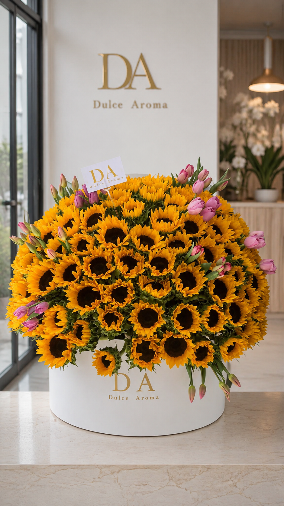 Media esfera girasoles y tulipanes "FLORES AMARILLAS”