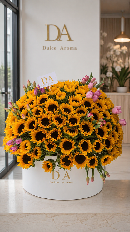 Media esfera girasoles y tulipanes "FLORES AMARILLAS”