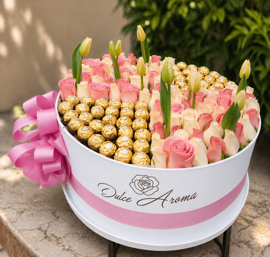 Caja circular Pave Ferreros, tulipanes y rosas