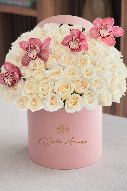 Cilindro media esfera rosas y orquídeas Cymbidium