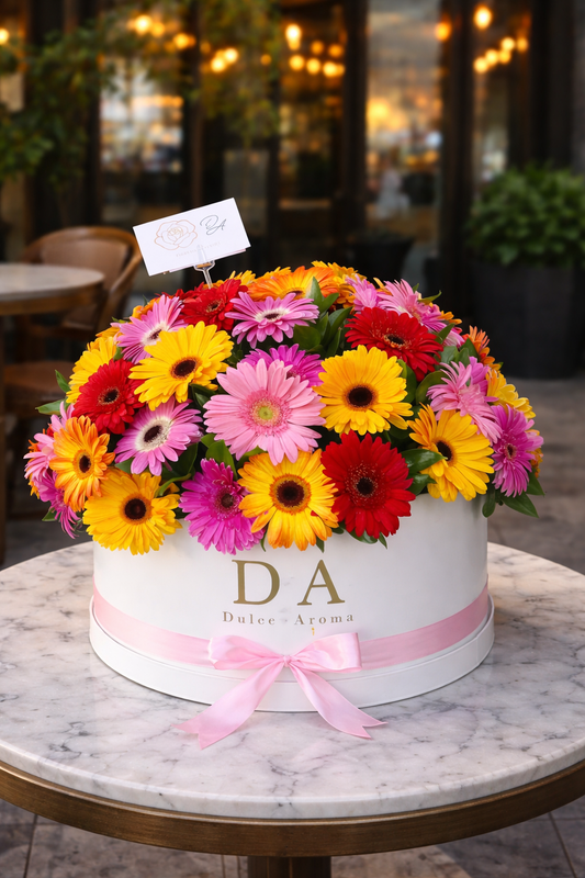 Caja Circular Gerberas Coloridas